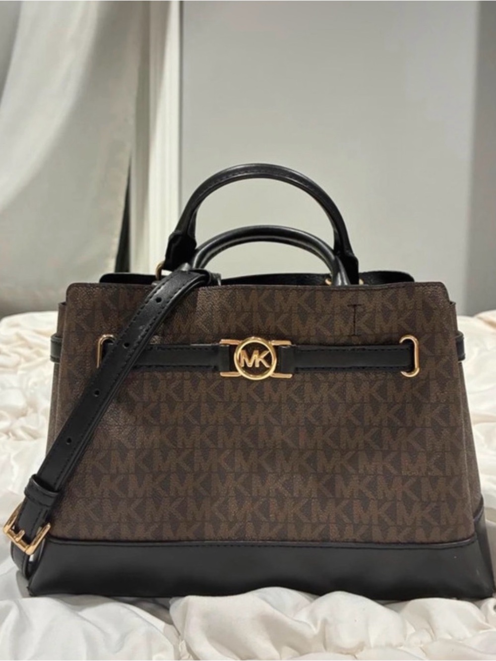 Michael Kors Brown/Black MK Logo Satchel with Gold Hardware